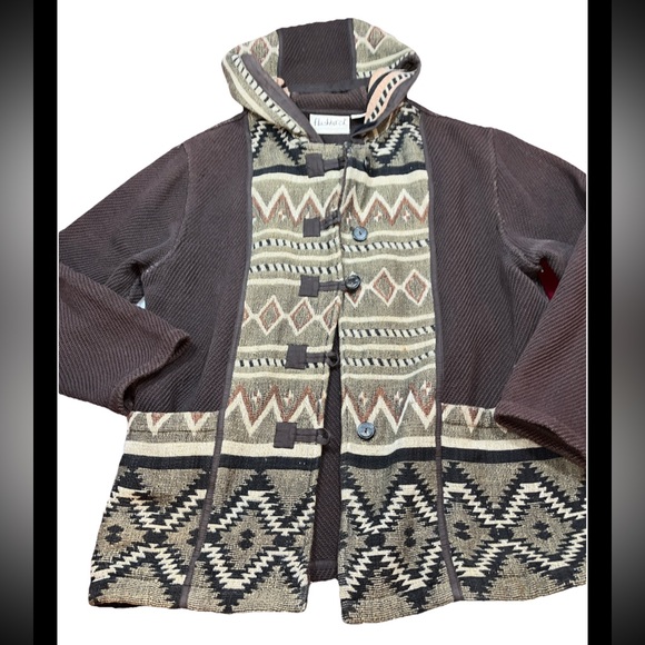 Vintage Flashback BROWN Tan Tapestry Southwestern Boho Button HOODIE JACKET LRG - Picture 1 of 15